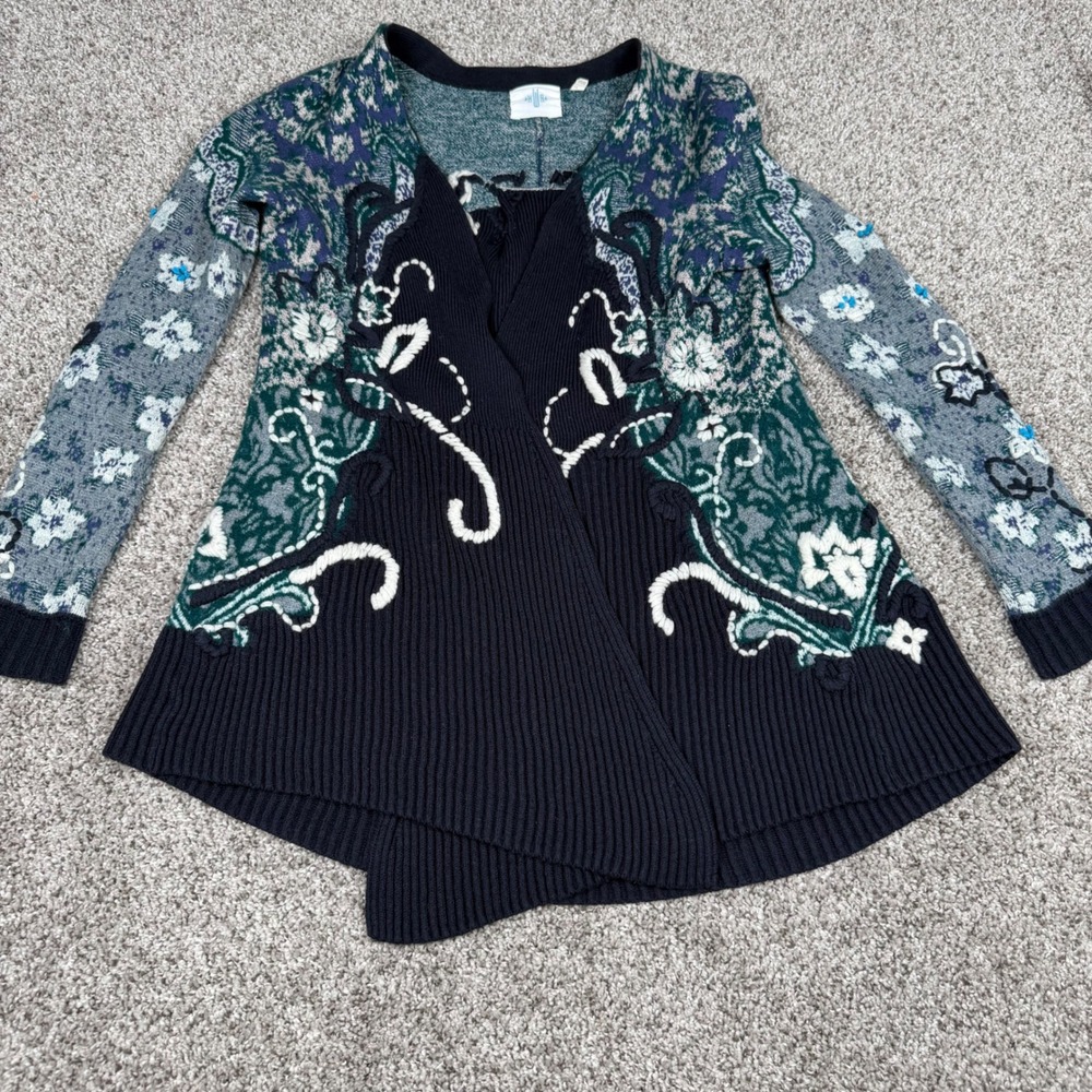 Anthropologie HWR Open Front Cardigan Floral Mixed Print Wool Blend Navy XS